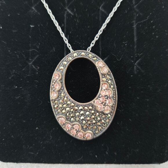 Marcasite & Crystal 17" Necklace Oval Pendant NF 925 Sterling Silver Thailand - Picture 3 of 10